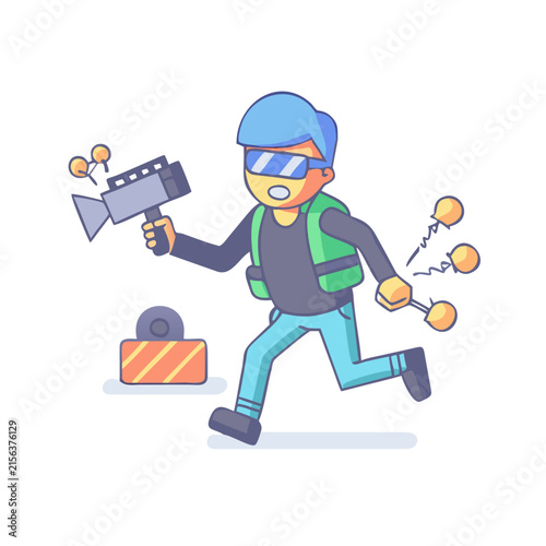 A cartoon character running with a video camera and light bulbs in a flat vector style.