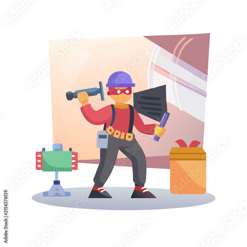 A cartoon illustration of a burglar breaking into a house with tools.