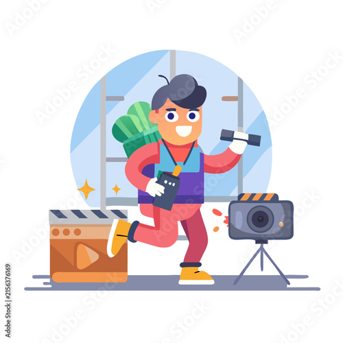A happy filmmaker character recording video content with a camera and professional equipment in a studio.