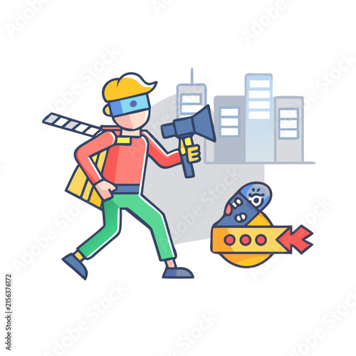 A stylized illustration of a person exploring a virtual city environment with digital tools.