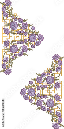 Purple Floral Corner Embroidery Motifs for Elegant Textile Design