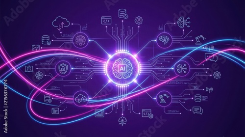 Artificial intelligence brain chip with digital network lines and data icons