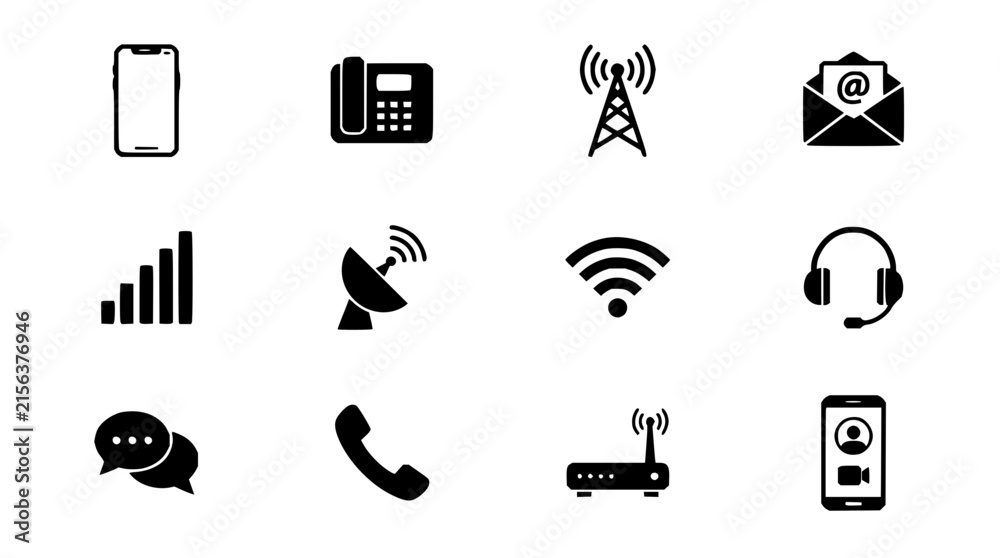 Obraz premium Telecommunication device icons set with modern flat design featuring smartphone, tablet, laptop, headset, and router with 3D isometric style and wireframe outlines