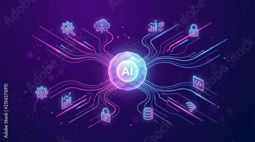 Artificial intelligence network diagram with digital icons on dark background