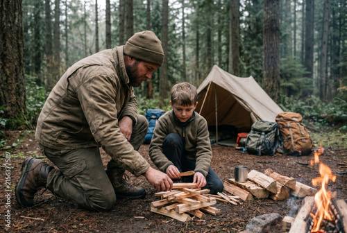 Father and son building a campfire beside a tent in a forest. Outdoor parenting, family bonding, camping, adventure, learning and childhood connection concept