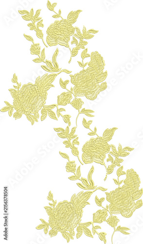 Delicate Golden Botanical Vine Embroidery Design for Textile Decoration