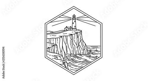 Lighthouse on cliff, coastal sea illustration, line art in hexagon