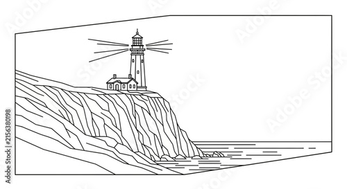 Lighthouse on cliff, coastal scene, sea and sky, line art illustration
