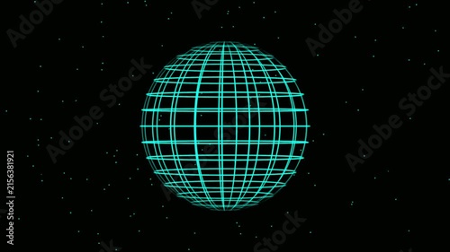 Wireframe sphere globe rotating animation on black background. Turning white grid sphere showing spinning. Dust particles line flowing curved creating glob ball. Rotating futuristic round shape loop.