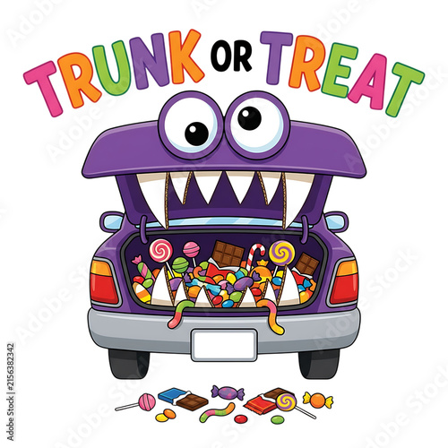 A cute purple monster car decorated for a trunk or treat Halloween community event celebration.