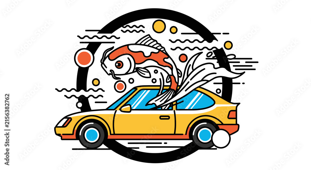 Naklejka premium Koi fish jumping out of yellow car