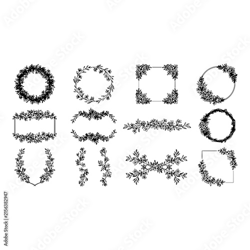 Set of floral frames and decorative dividers with hand drawn leaves and flowers for design