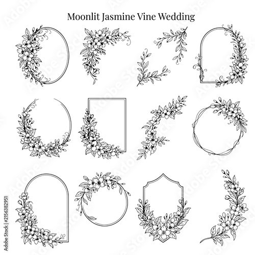Set of hand drawn floral frames and wreaths with jasmine flowers for wedding card design