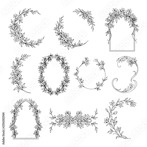 Set of floral frames and wreaths with hand drawn leaves and flowers for wedding invitations