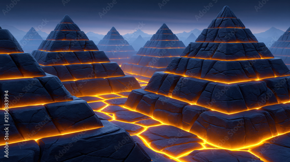 Fototapeta premium Ancient stone pyramid landscape with glowing lava lines in wide aerial view, surreal dusk scene