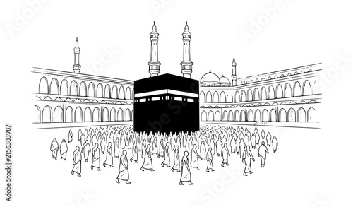 Foto Makkah Kaaba Grand Mosque Pilgrimage Tawaf Sketch Black Line Vector