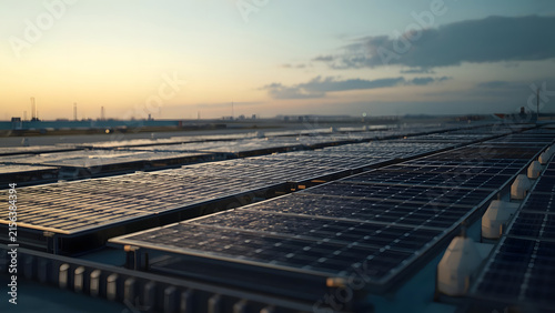 Rooftop Solar Panels Array Reflecting Sunset Sky, Sustainable Energy Production for Green Future