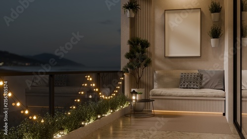 Modern Luxury Balcony Terrace at Night with String Lights and Cozy Seating Area 3D Illustration