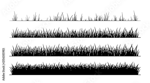 Grass texture set with four rows of detailed green blades featuring close-up view, natural lighting, and seamless pattern with botanical elements