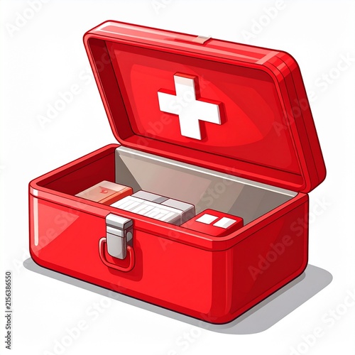 Open Red First Aid Kit with Medical Supplies Healthcare Illustration