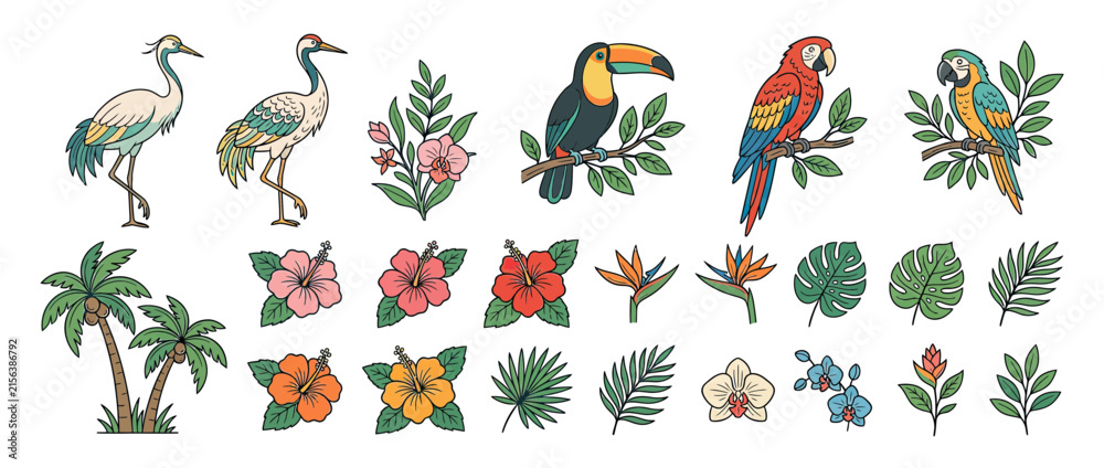 Obraz premium Tropical Birds and Exotic Flowers Collection Isolated
