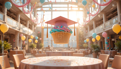 Graduation Cupcake with Mortarboard in Festive Hall