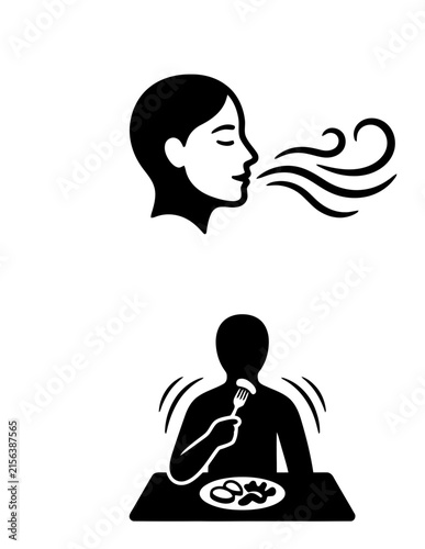 Healthy lifestyle icons representing deep breathing and mindful eating habits.