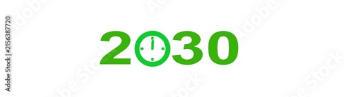 Bright green numbers 2030 with a clock face integrated into the zero on a white background symbolizing the passage of time and the approaching year Keywords: 2030, year, numbers, digits, clock