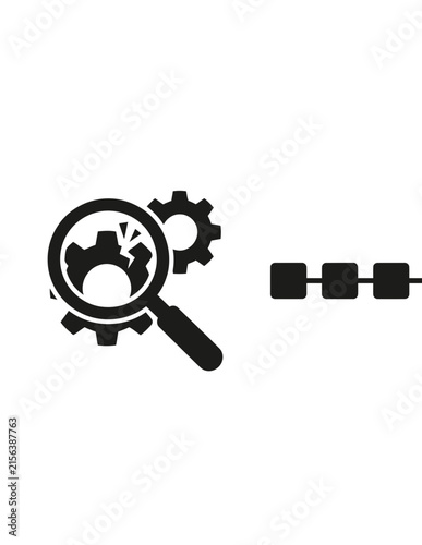Industrial analysis icons showing mechanical inspection and chain connectivity.