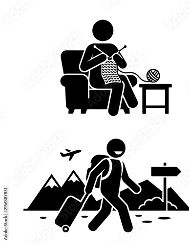Knitting hobby and mountain hiking travel icons.