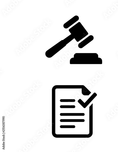 Legal compliance icons with judge gavel and approved checklist.