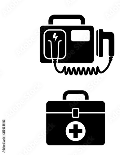 Medical defibrillator and first aid kit essential icons.