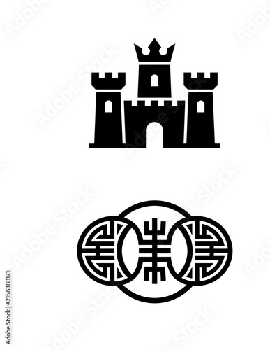 Medieval castle fortress and oriental knot symbol.