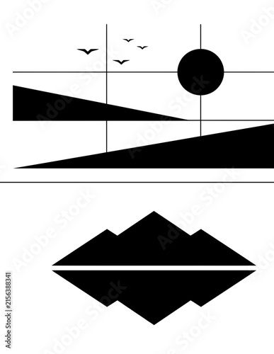 Minimalist mountain landscape and lake reflection icons.