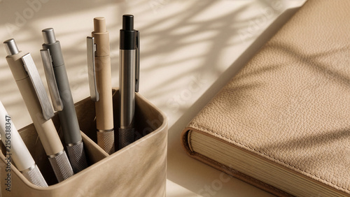 Minimalist stationery workspace with luxury pens in holder and beige leather notebook under sunlight shadows.Neutral desk background for a sophisticated office and productivity concept.