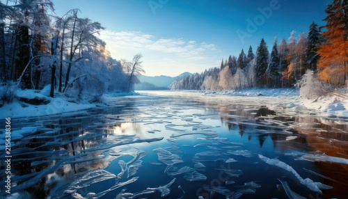 Frozen River in Winter Landscape Scene.