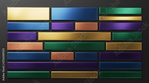 Colorful metallic plates set, brushed metal texture rectangular buttons in gold blue green purple on dark background