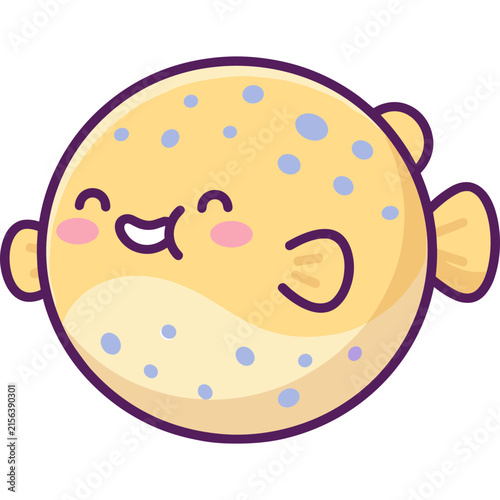 Cute round pufferfish cartoon vector illustration with smiling face and polka dot pattern, perfect for kids