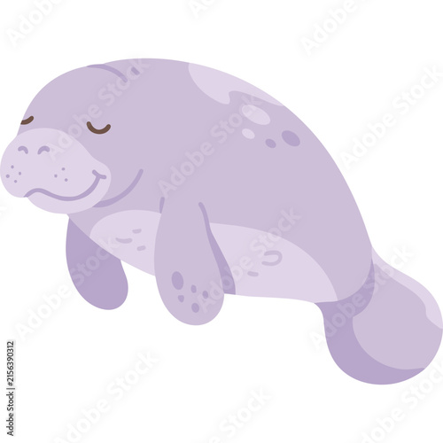 Cute purple manatee cartoon vector illustration, adorable sea cow character design isolated on white background