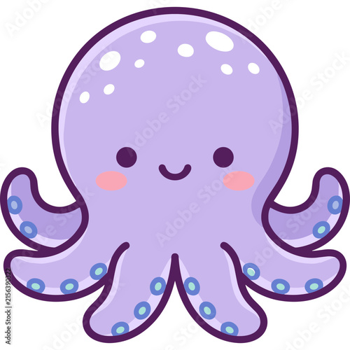 Kawaii cute purple octopus illustration with a happy smiling face and simple vector design isolated on a white background for sticker or icon use