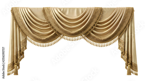 Elegant gold fabric window valance with detailed tassel fringe and classic draped swags