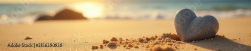 Polished grey stone heart on golden sand, sunny day ,  paradise,  sand texture