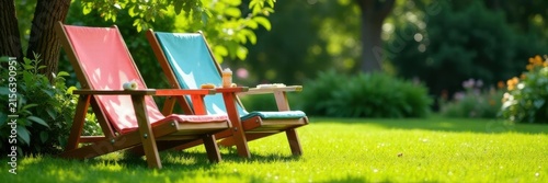 Relaxing summer deck chairs, garden table, green grass , escape, bright