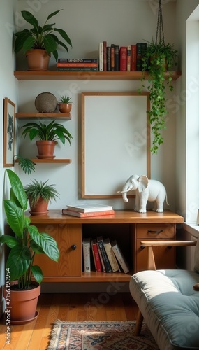 Retro space cabin; books, potted plants, white elephant figurine, framed poster, floating shelves, elephant, retro aesthetic, texture