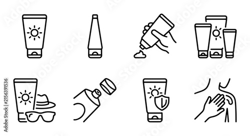 Sunscreen Icons Set, Skincare Protection Vector Graphics, Summer Health Symbols, UV Defense Line Art
