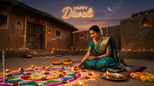 A beautiful indian woman in a traditional teal silk saree lighting diyas on a vibrant rangoli for diwali celebration in a rustic village courtyard