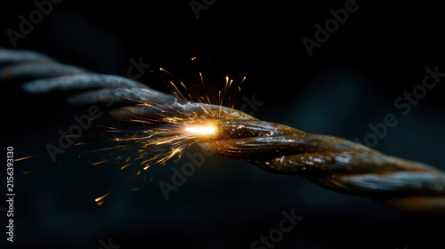 Welding torch, cable, spark, metal, close up, dark industrial repair on steel wire with bright flame