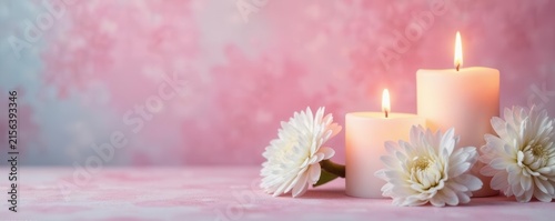 Soft pastel background, white chrysanthemums, flickering candles , floral, fall