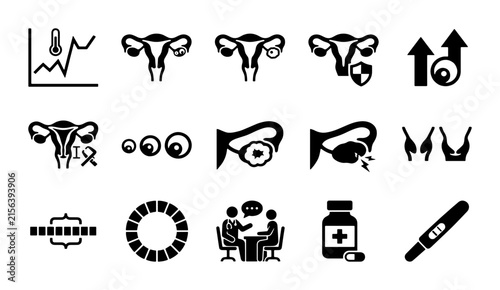Female reproductive health icons, 15 gynecology and fertility vector symbols, black medical anatomy signs for women's wellness