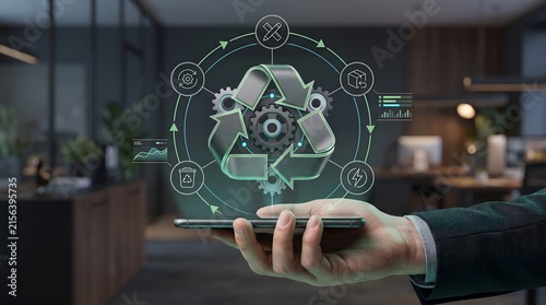 Circular economy concept with metallic recycling symbol and gears holographic projection on smartphone for sustainable industrial business